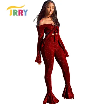 

JRRY Sexy Silver Thread Elasticity Jumpsuits Bow Neck Two Pieces Set Jumpsuit Strapless Top Wide Boot Cut Pants Women Jumpsuit