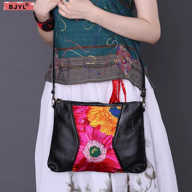 

BJYL Original ethnic style hot selling Women Messenger bag Genuine leather shoulder bag handbag embroidery female crossbody Bags