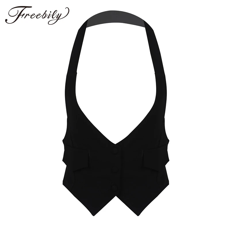 Koop Vrouwen Casual Solid Halter Hals Korte Pak Vest Backless met Riem Self tie op Back Button Down Volledig Gevoerd vest Vest