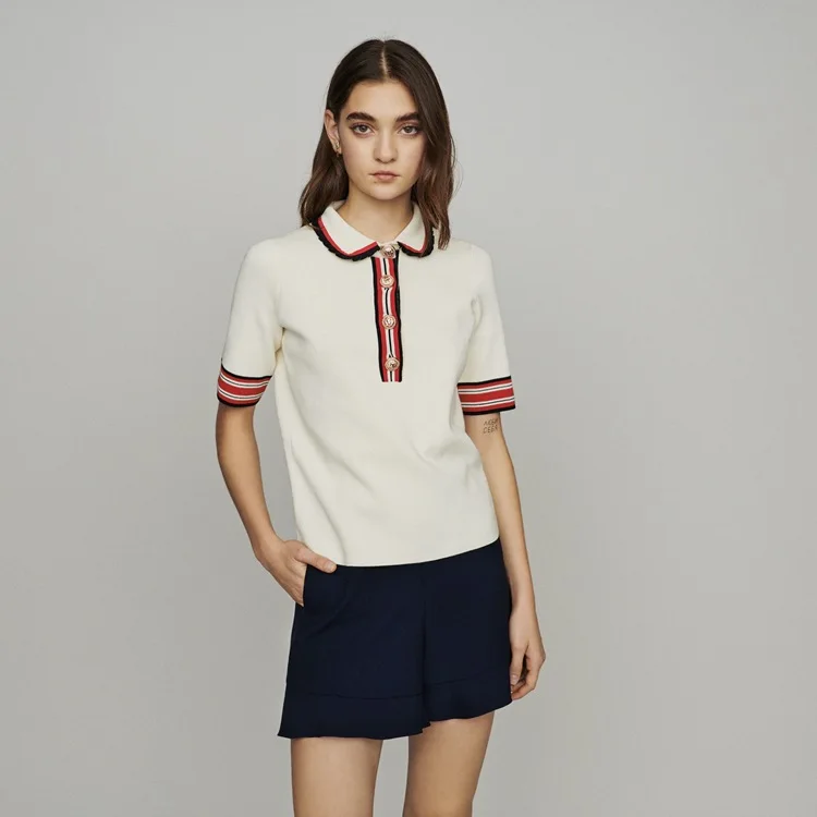

Women Sweater 2019 Spring and Summer New Lapel Striped Stitching Cuff Sweater