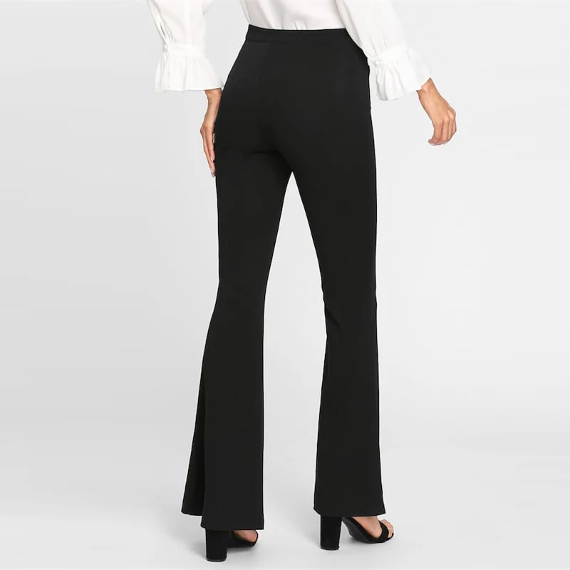 Sheinside, черные женские брюки со средней талией, весна, повседневные, расклешенные, брюки, для офиса, леди, элегантные, базовые, одноцветные, рабочая одежда, длинные штаны