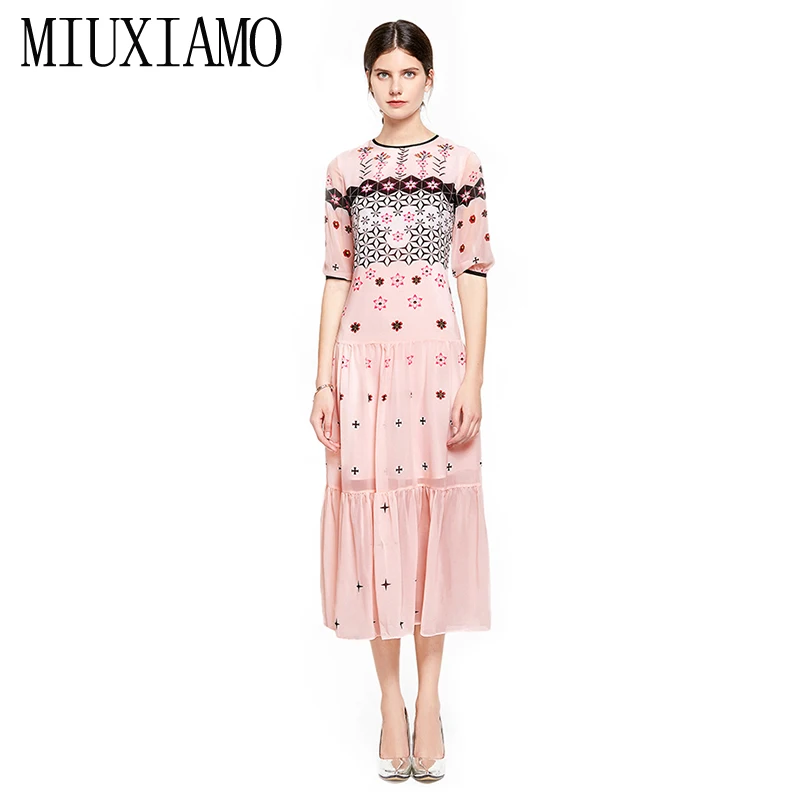 

MIUXIMAO 2023 Newest Fashion Runway Summer Spring Dress Women's Retro Flower Print Pink Casual Long Dress Women vestidos