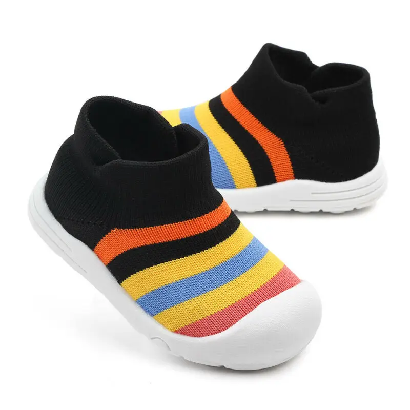 Lovely Baby Girl Boy Casual Cotton First Walkers Shoes Rainbow Color Striped Anti Slip Newborn Baby Boy Crib Shoes