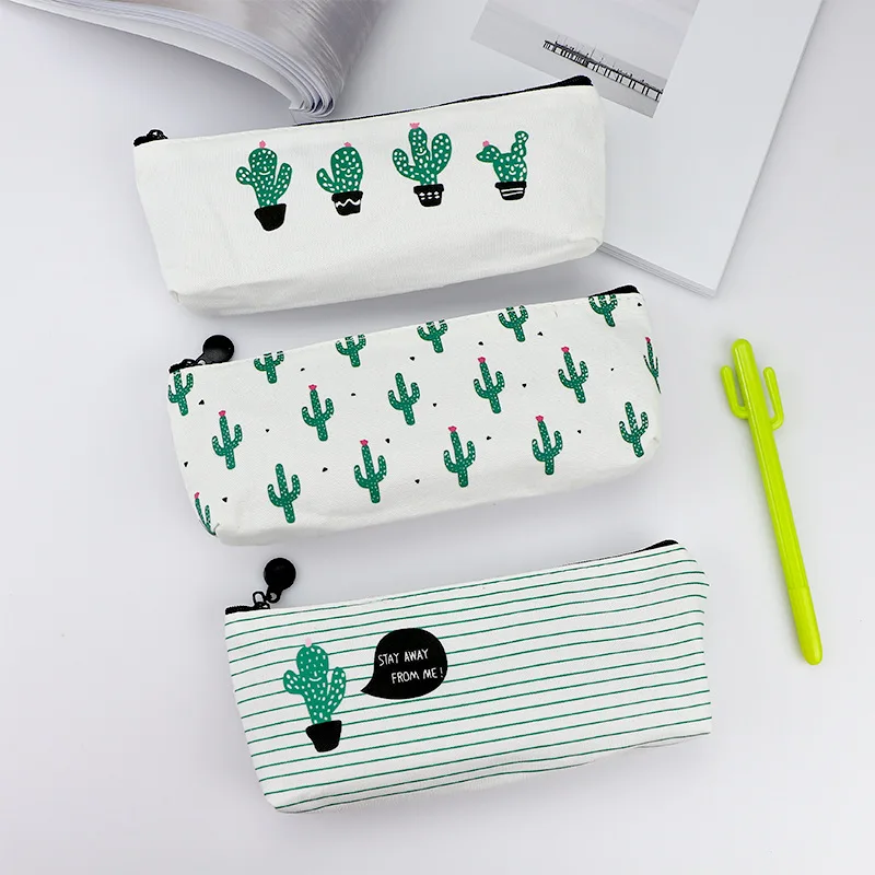 

Cute simple large capacity cartoon cactus multi-functional cute creative canvas pen bag student stationery box