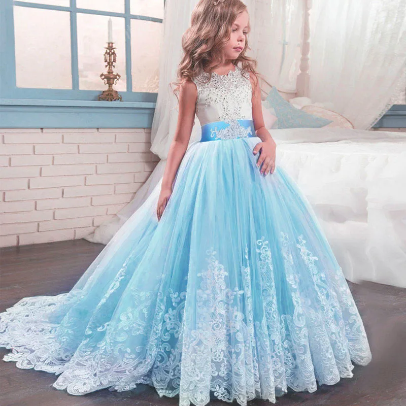 Robe De Fete/кружевное свадебное платье со шлейфом для малышей костюм для девочек бальное платье, вечернее платье принцессы Вечерняя одежда для детей возрастом 14 лет, LP-231 - Цвет: sky blue