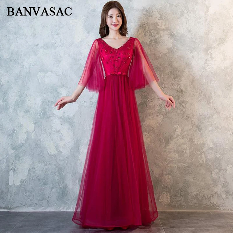 

BANVASAC 2018 A Line Crystal V Neck Bow Sash Long Evening Dresses Lace Illusion Sleeve Backless Party Prom Gowns