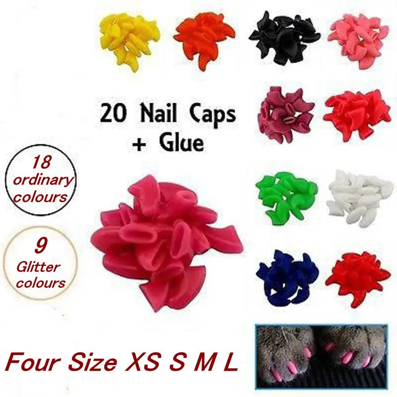 

20pcs White Black Blue Soft Cat Pet Nail Caps Claw Paws control off 1pcs Adhesive Glue Size XS S M L Paw caps gatos pet products
