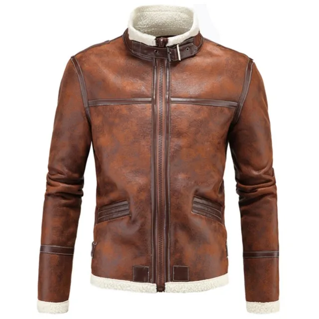 Faux Suede Jacket For Men Brown Winter Leather Jacket 2018 Stand Collar