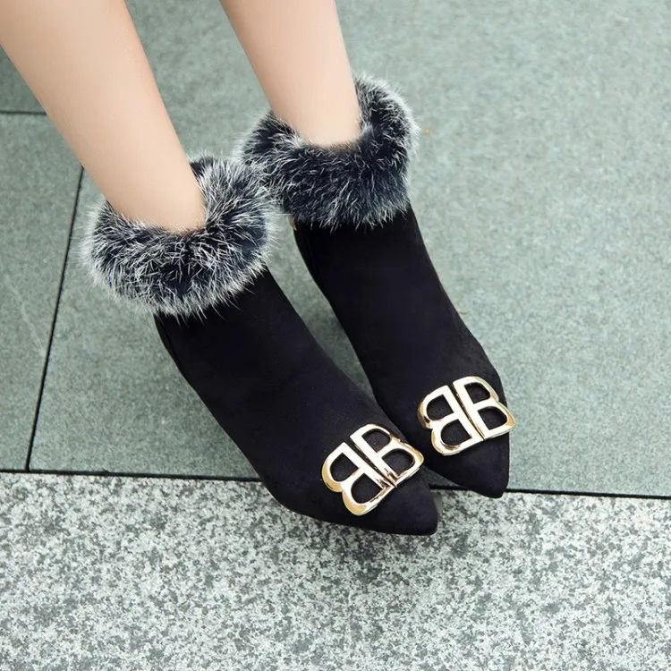 

Big Size 11 12 13 14 15 16 Ma'am Fine heel Short boots Pure color Metal decoration Boot barrel High heel boots