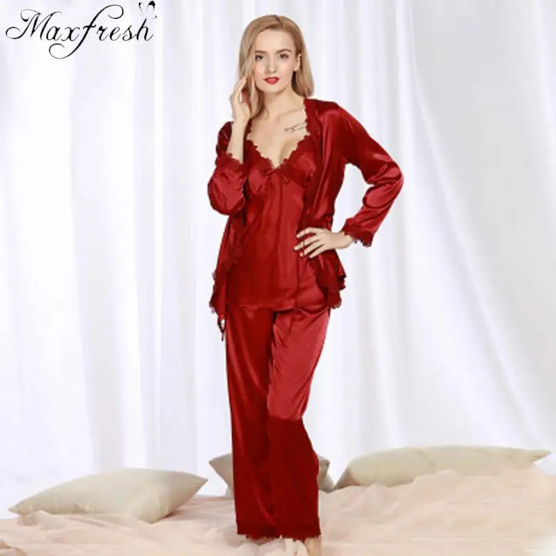 Maxfresh осень для женщин пижамы с длинными рукавами дамы три комплекта шелковые