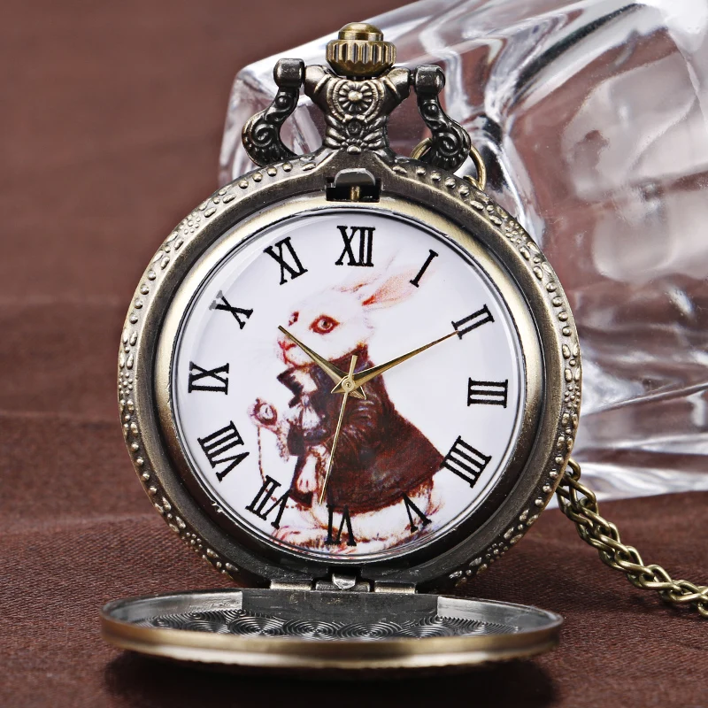 

Vintage Watch Alice in Wonderland Cute Rabbit Copper Quartz Pocket Watches Men Women Beautiful Pendant Necklace Daughter Gift
