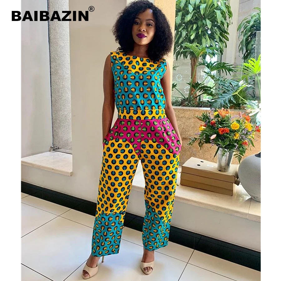 

BAIBAZIN New Arrival African Ashion Casual Jumpsuit Hot Sale Positioning Print Vest Jumpsuit Casual Fashion Wide Leg Pants