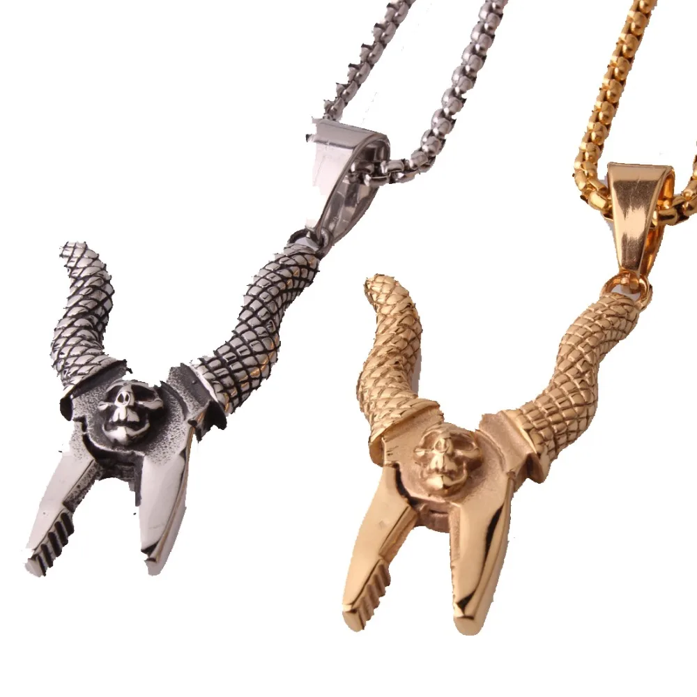 

Vintage Skeleton Titanium Stainless Steel Polished Silver/Gold Pliers Pendants Necklace Fashion Box Chain Biker Mens Jewelry 24"