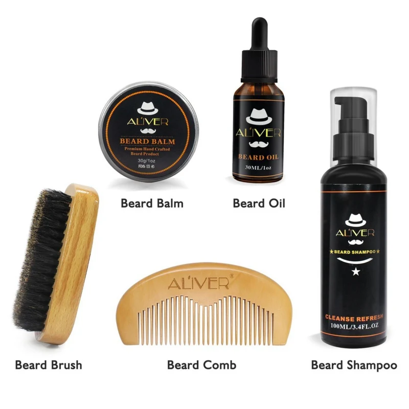 Billig ALIVER Männer Schnurrbart Creme Bart Öl Shampoo Kit Set Mit Schnurrbart Kamm Pinsel Lagerung Tasche Für Gentleman Neue Ankunft