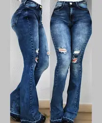 Винтаж потертые джинсы из денима для женщин стрейч масло подъема широкие брюки Жан Высокая талия брюки девочек