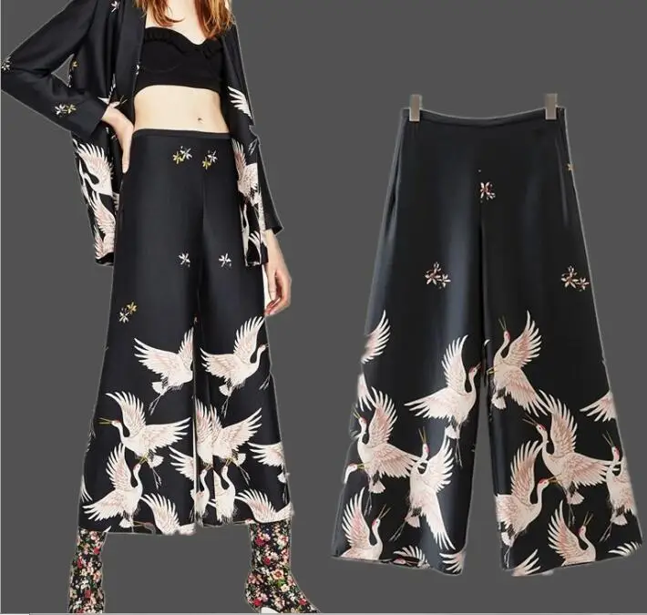 

Spring Summer Women Casual Pants Retro Crane Pattern Print Loose High Waist Wide Leg Pants Female Trousers Black