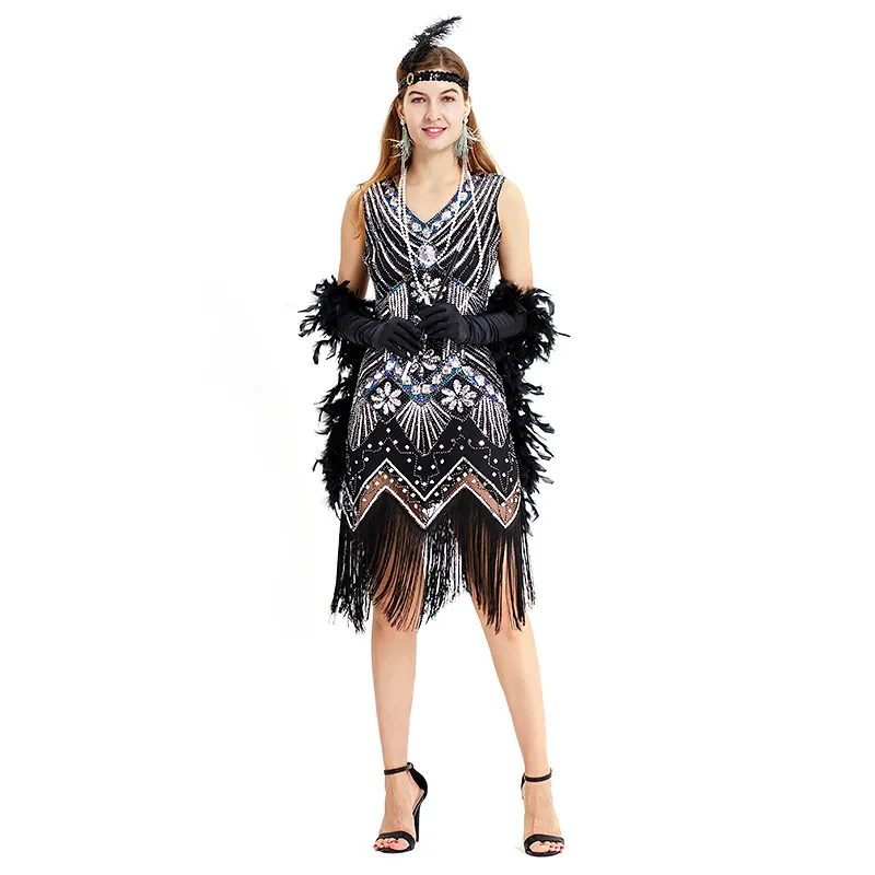 

Great Gatsby Flapper Dress 1920s Vintage Costume Women's Apricot Sequined Tassels Dress Halloween