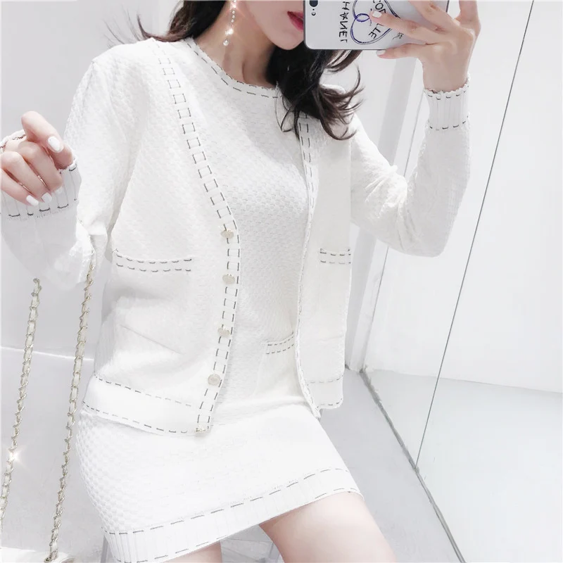 ALPHALMODA Autumn Winter Elegant Knitted Cardigans+ Short-sleeved Knit Dress Women OL Casual Suits