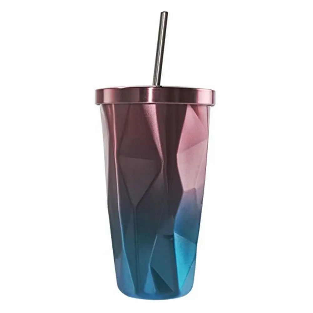 

HOT SALE Stainless Steel Tumbler with Straw - Hot and Cold Double Wall Drinking Cups Coffee Mugs 500ML Irregular Diamond with