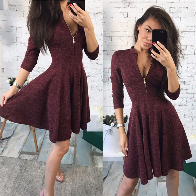 2018 Summer Fashion Women Bust Zippers Dress Solid Pleated V Neck 2018 Summer Fashion Women Bust Zippers Dress Solid Pleated V Neck Y Las Dresses Evening