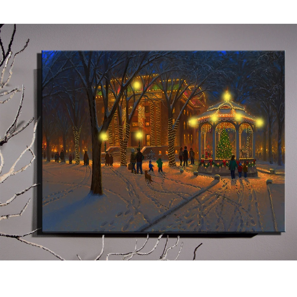 led canvas Illuminart street and house at Christmas day night in winter