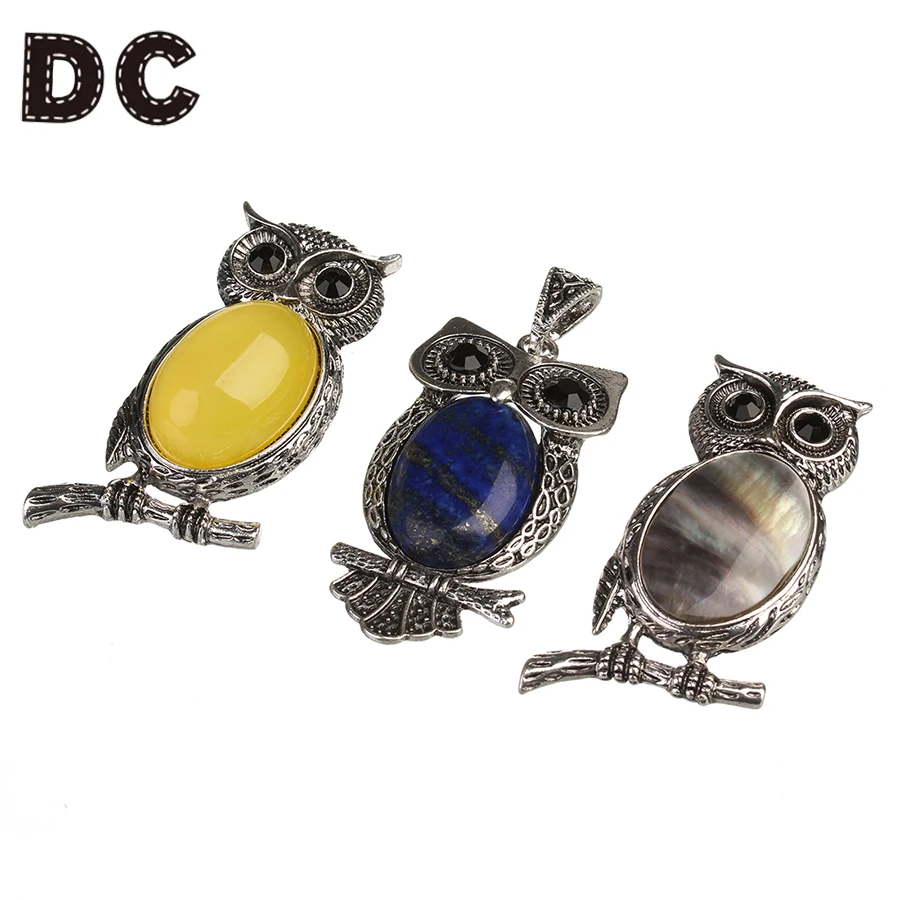 

DC 1pcs 14 Colors Vintage Pink Purple Alloy Natural Stone Crystal Owl Charms Pendants 48*29mm for DIY Chain Necklace Bracelet