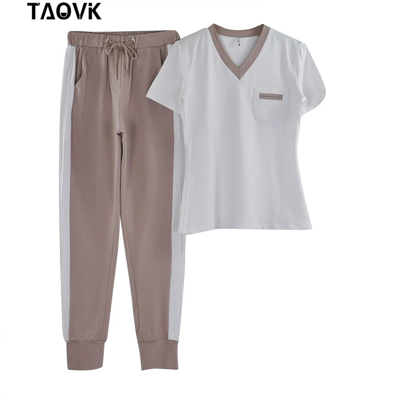 TAOVK женский спортивный костюм из 2 предметов, толстовки с коротким рукавом, футболка+ штаны с эластичной резинкой на талии, комплекты летней одежды, повседневные спортивные костюмы