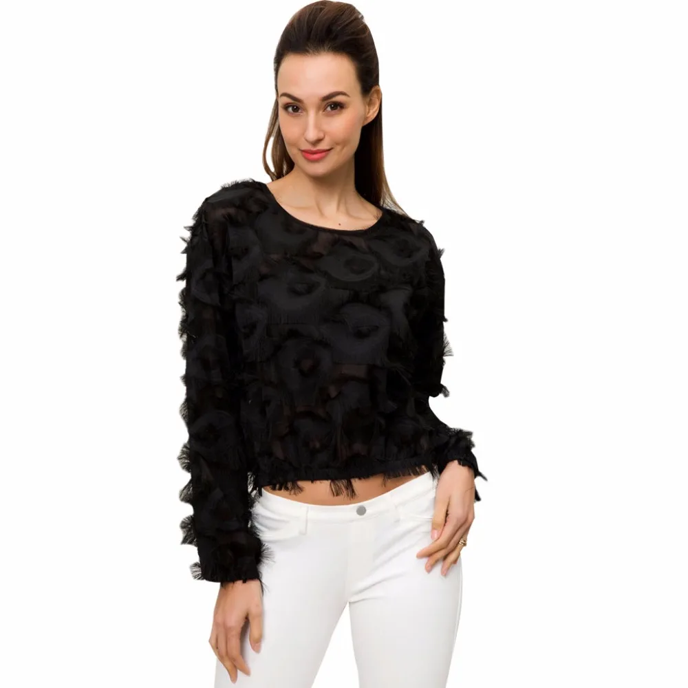 Fringe Patch Mesh Sexy Black Long Sleeve Round Neck Elegant Women T