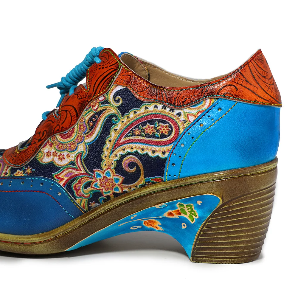 Buono Scarpe/обувь с перфорацией типа «броги» на каблуке в богемном стиле в стиле ретро; тонкие сезонные туфли с ажурным принтом в этническом стиле; женская обувь ручной работы;