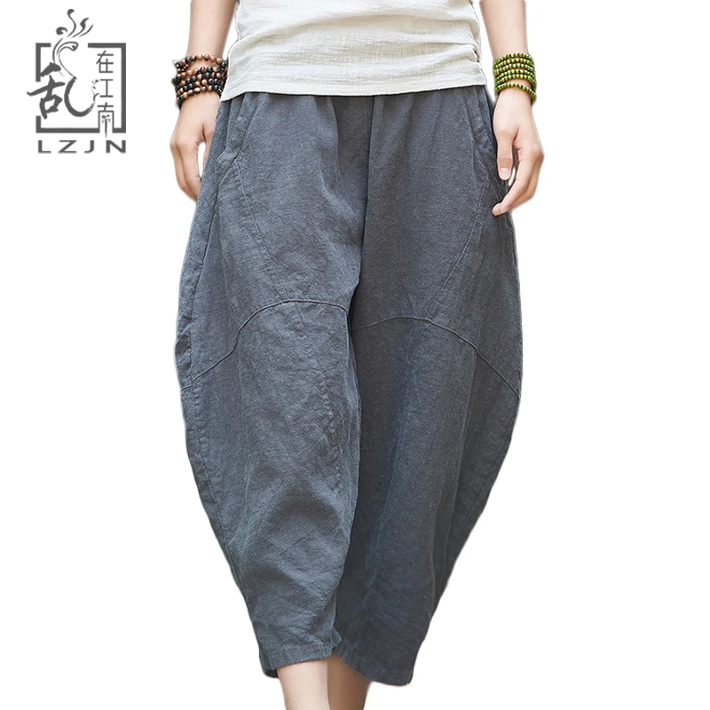 LZJN Loose Capri Pants for Women 2019 Summer Patchwork Linen Trousers Elastic Waist Ladies Bloomers Hippie Baggy Harem Pants LZJN Loose Capri Pants for Women 2019 Summer Patchwork Linen Trousers Elastic Waist Ladies Bloomers Hippie Baggy Harem Pants