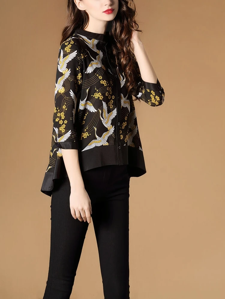 Cena 2017 nowa wiosna lato moda damska odzież drukuj nieregularne przyciski bluzka trzy czwarte rękaw Peter Pan kołnierz koszule damskie