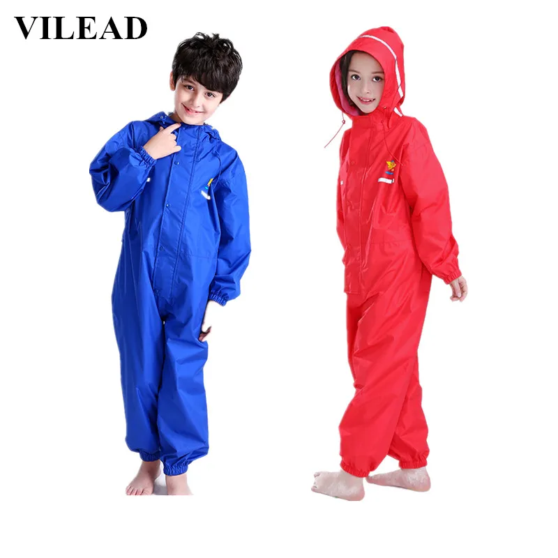 Goede VILEAD Dikke Kinderen Regenjas Polyester Leuke Baby Effen Outdoor Regen Jas Waterdicht Jumpsuits Poncho Grote Hoed Student Regenkleding