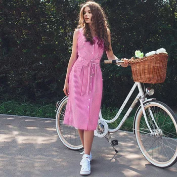 

Blue Striped Bow Bandage Dress 2019 Summer Sexy Sleeveless Strap Shirt Dress Single-Breasted Elegant Women Party Dress Vestidos