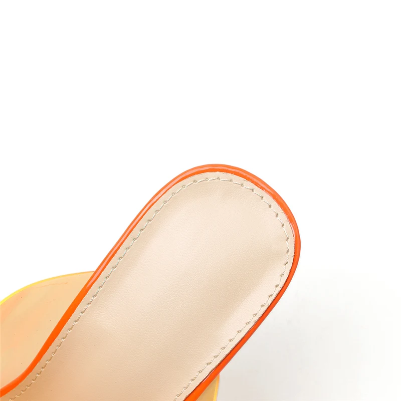 Большие размеры 35-42; летние женские босоножки на высоком каблуке 11,5 см; пикантные оранжевые женские прозрачные босоножки; обувь на блочном каблуке