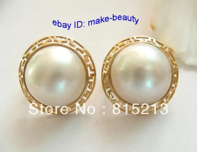 

hot sell new - wb00215 stunning big 15mm white south sea mabe pearl earrings 14K gold