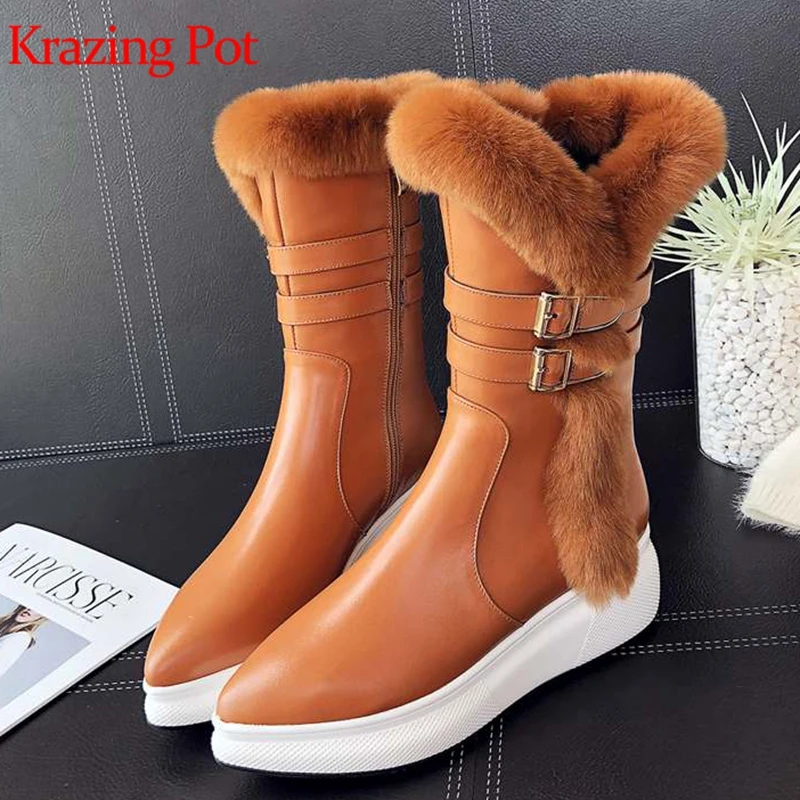 

krazing pot cow suede natural fur snow boots metal buckle zipper cold protection waterproof design keep warm mid-calf boots L01