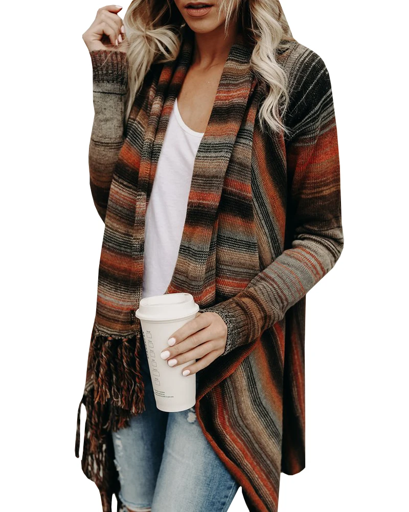 

Spring autumn Women Pull Pullover Cardigan Womens Contrast color Ponchoes capes sweater Casual cape Tassel Sweaters tops