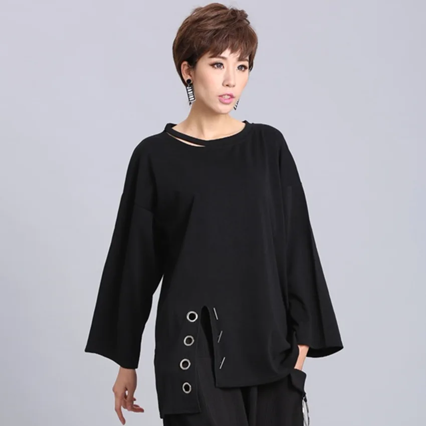 Superaen футболка с длинным рукавом женский, Черный Топ полые Модная футболка Комплект одежды на осень для Для женщин футболка с круглым вырезом хлопковая Футболка Для женщин