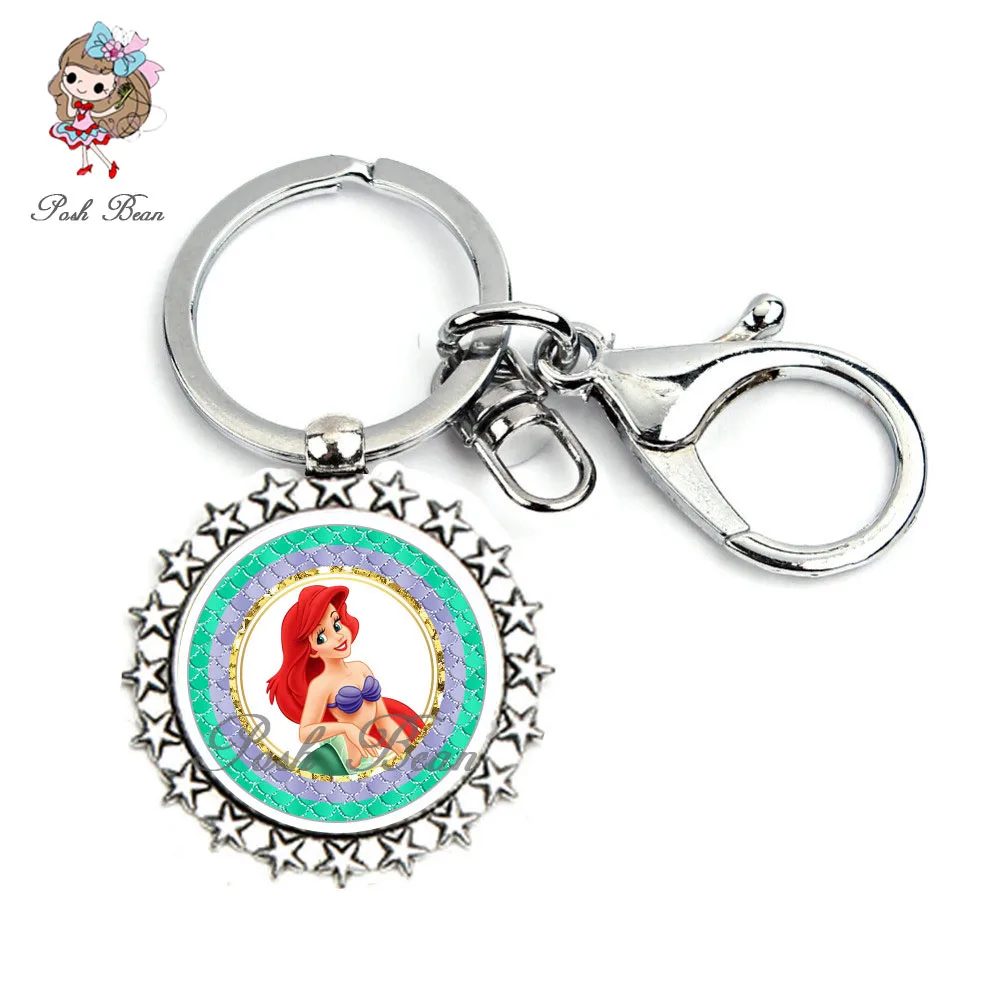 

The Little Mermaid Keychain Princess Ariel Key Chains Handmade Glass Cabochon Famous Cartoon Characters Key Ring Party Favor 1pc
