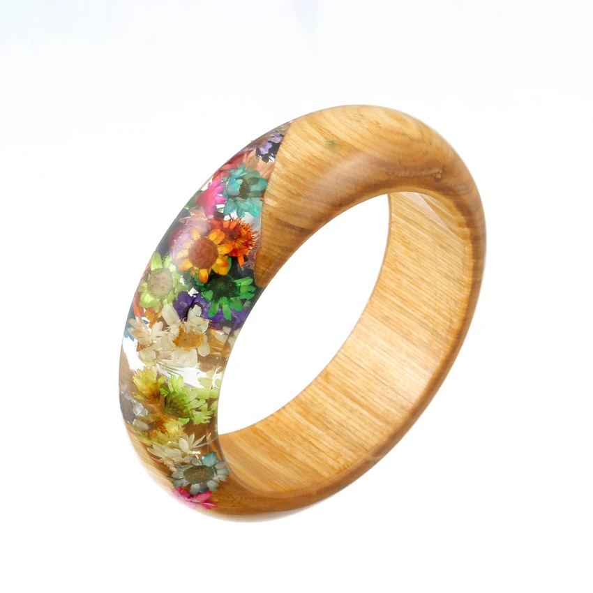 Colorful Resin Bracelets & Bangles Wood Rainbow Daisy Handmade Women Bangle Transparent Charming Bracelets Natural Jewelry Girls