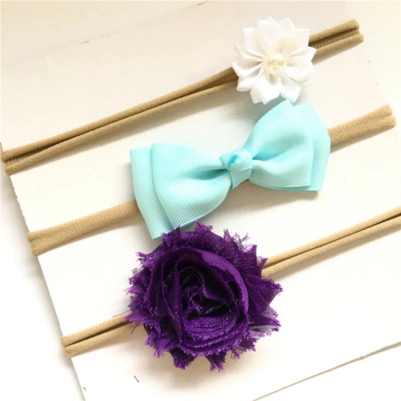 

3pcs/set flower headband skinny soft nylon headband Rhinestone chiffon flower lace Hair Accessories
