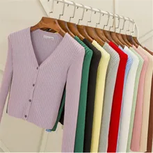 Женский тонкий вязаный кардиган с v-образным вырезом, длинный рукав, Укороченный кардиган, Свитера для девушек, одноцветные женские короткие кардиганы Candy PZ1540