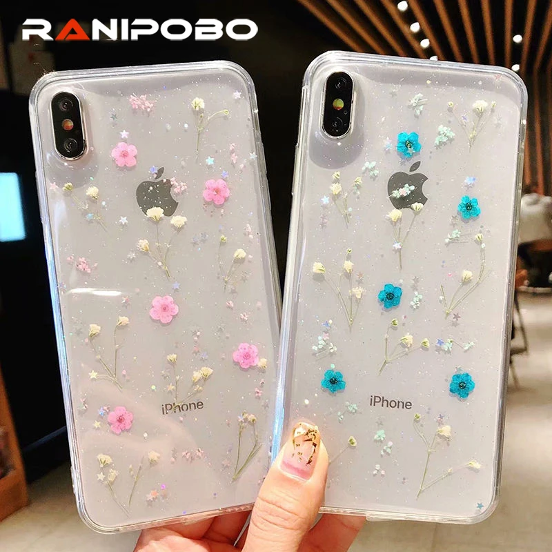 

Real Flowers Dried Flowers Transparent Soft TPU Cover For Coque iPhone X 6 6S 7 8 plus Clear Phone Case For iphone XS Max XR