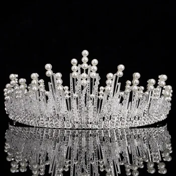 

Silver Color Bridal Pearl Tiara For Wedding Crown Handmade Crystal Rhinestone Beaded Head jewelry Bride Hair Accessories