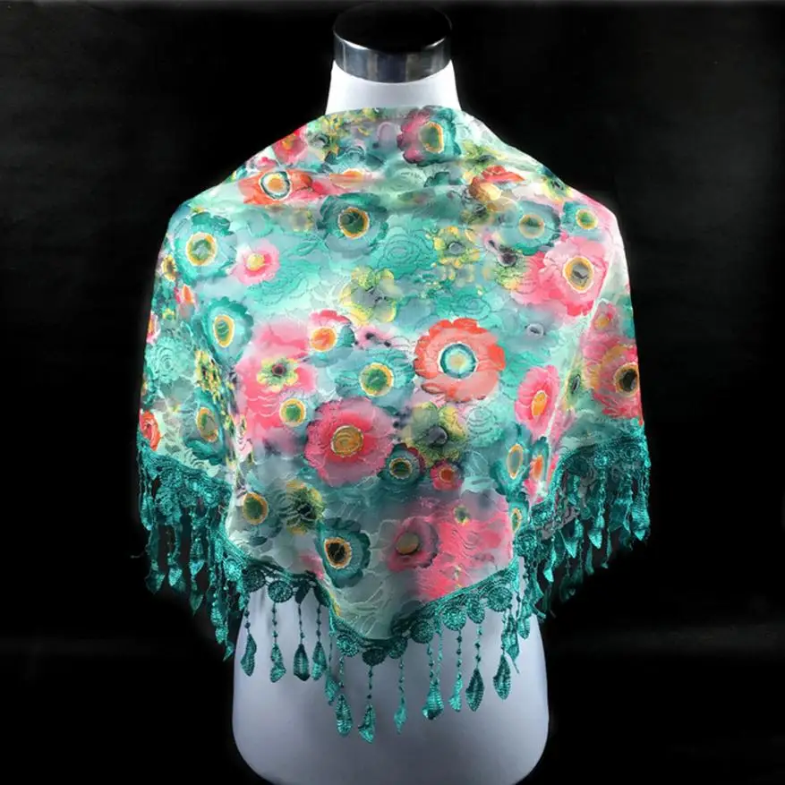 Кружевные Цветные Шарфы с бахромой и цветами, модный кружевной шарф-Мантилья с кисточками, шаль, шали и палантины
