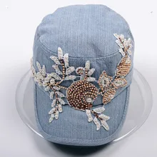 Мода г. новые джинсовые Бейсбол шляпа женский осенью утка Кепки Кружево вода Diamond Flower Женщина Flat Top Hat
