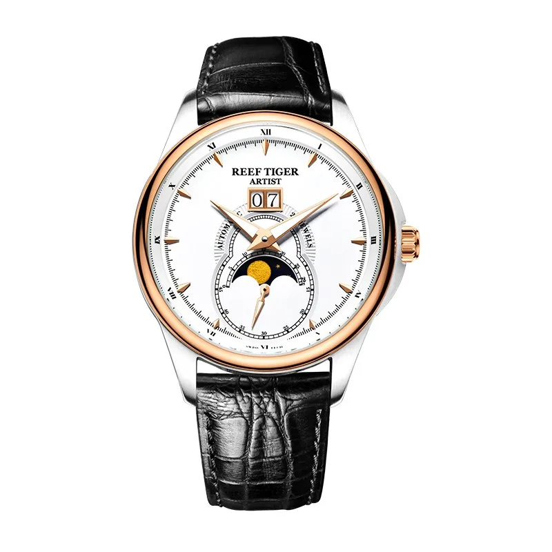 Reef Tiger/RT модные и благородные часы для мужчин механические часы Moon Phase двойное окно Дата Кожаный ремешок Часы RGA1928 - Цвет: RGA1928PWB