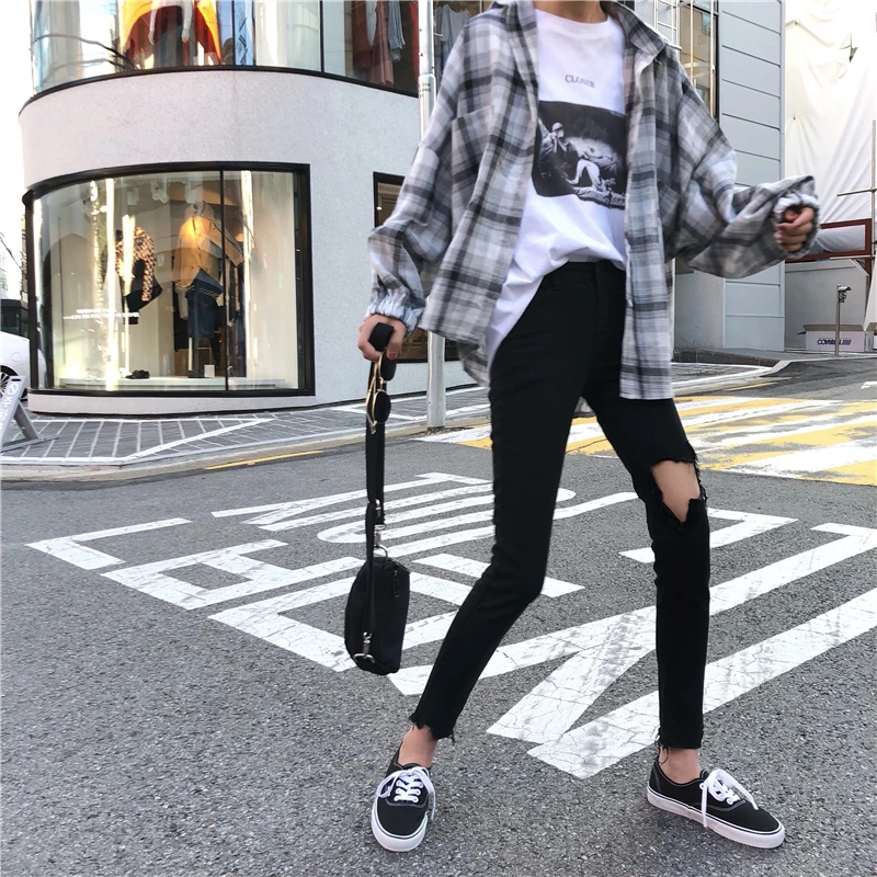 Mihoshop Ulzzang Корейская женская модная одежда с дырками в стиле панк крутые черные