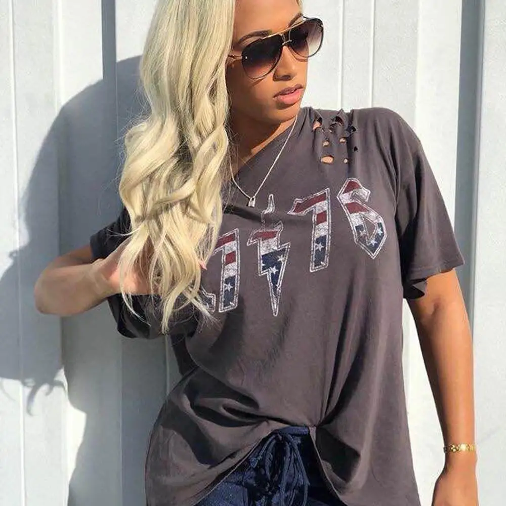 

Explosion Flag Independent Day Digital Burning Women Top Short Sleeve O Neck Hollow Out Loose Casual Lady T-Shirt CY1032
