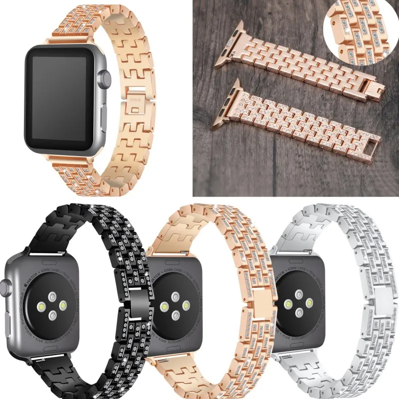Розовое золото Смарт Браслет для Apple Watch набор кристалл Нержавеющая сталь полосы